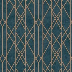 Lattice Geometric Wallpaper Navy Blue Copper Metallic Shimmer Stripes Rasch