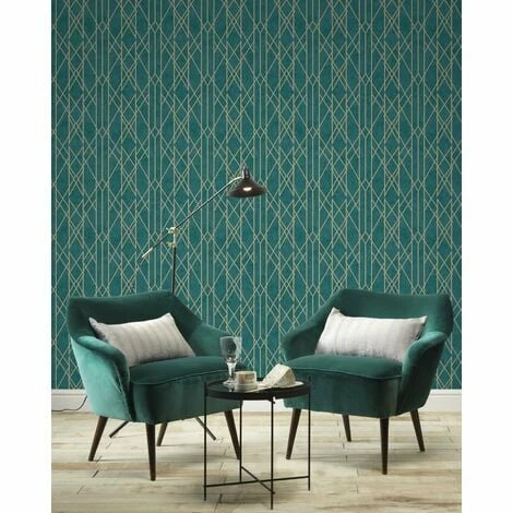 Lattice Geometric Wallpaper Teal Gold Metallic Shimmer Stripes Lines Rasch 4 Lattice Geometric Wallpaper Teal Gold Metallic Shimmer Stripes Lines Rasch - Image 2