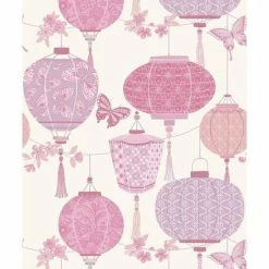Butterfly Chinese Lanterns Oriental Wallpaper Pink Pearl Silver Metallic Rasch