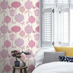 Butterfly Chinese Lanterns Oriental Wallpaper Pink Pearl Silver Metallic Rasch -RASCH Store 14116712 4