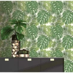 Rasch Tropical Jungle Large Palm Leaf Botanical Floral Green White Wallpaper
