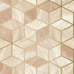 Rasch Geometric Marble Squares Blush Pink Rose Gold Metallic Cubes Wallpaper