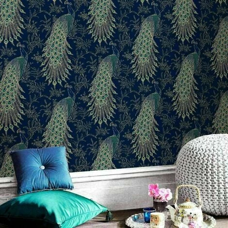 Rasch Portfolio Peacock Feathers Bird Feature Navy Blue Metallic Gold Wallpaper 3 Rasch Portfolio Peacock Feathers Bird Feature Navy Blue Metallic Gold Wallpaper