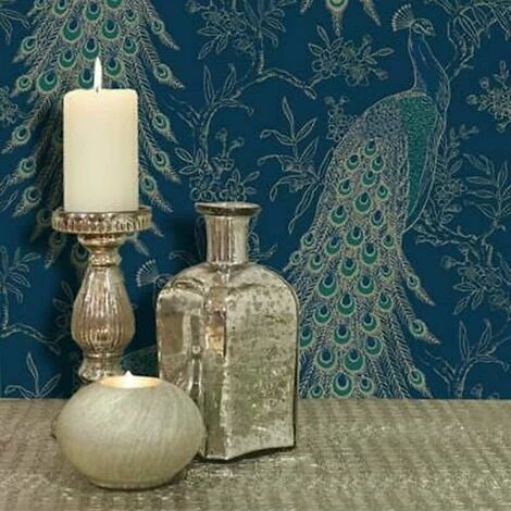 Rasch Portfolio Peacock Feathers Bird Feature Navy Blue Metallic Gold Wallpaper 5 Rasch Portfolio Peacock Feathers Bird Feature Navy Blue Metallic Gold Wallpaper - Image 3