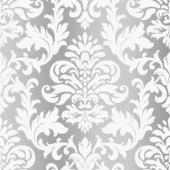 Rasch Platina Metallized Damask Silver White Textured Wallpaper