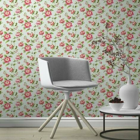 Floral Shabby Chic Wallpaper Rasch Duck Egg Blue Pink Textured Vinyl 4 Floral Shabby Chic Wallpaper Rasch Duck Egg Blue Pink Textured Vinyl - Image 2