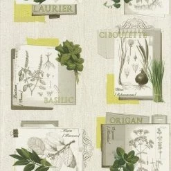Botanical Herb Motif Wallpaper Rasch Green Embossed Vinyl Kitchen Textured