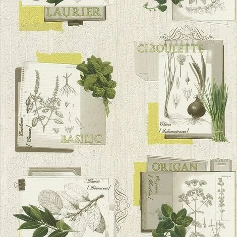 Botanical Herb Motif Wallpaper Rasch Green Embossed Vinyl Kitchen Textured 2 Botanical Herb Motif Wallpaper Rasch Green Embossed Vinyl Kitchen Textured