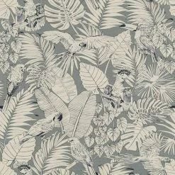 Rasch Madagascar Tropical Parrot Bird Palm Leaf Texture Grey Wallpaper 447835