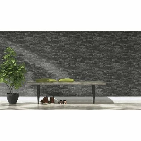 Rasch Slate Brick 3D Effect Brick Slate Pattern Wallpaper - Black - 475036 Rasch Slate Brick 3D Effect Brick Slate Pattern Wallpaper - Black - 475036 -RASCH Store 33961316 2