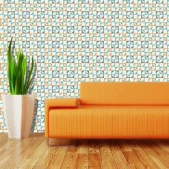 Retro Geometric Wallpaper Tiles Squares Circles Orange Charcoal Teal White Rasch -RASCH Store 3558139 3