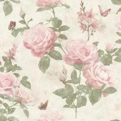 Floral Wallpaper Rasch Pink Green Natural Cream Slightly Textured