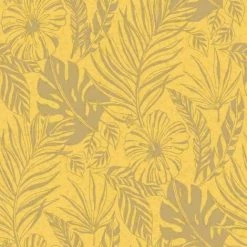 Rasch Yellow Metallic Gold Tropical Jungle Leaves Floral Statement Wallpaper