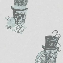 Rasch Teal Black Silver Metallic Sugar Skull Rose Glitter Wallpaper 308921