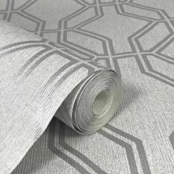 Rasch Highgrove Geometric Trellis Metallic Silver Grey Feature Wallpaper 275277