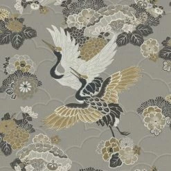 RASCH Grey Kyoto Crane Wallpaper Textured Oriental Japanese Birds Floral Yellow