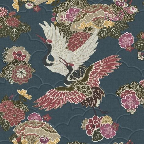 RASCH Navy Kyoto Crane Wallpaper Textured Oriental Japanese Birds Floral Pink 3 RASCH Navy Kyoto Crane Wallpaper Textured Oriental Japanese Birds Floral Pink