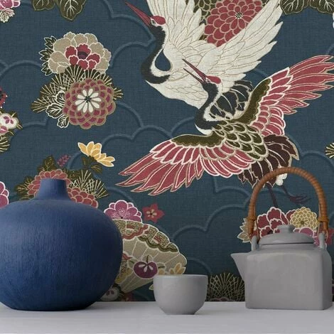 RASCH Navy Kyoto Crane Wallpaper Textured Oriental Japanese Birds Floral Pink 4 RASCH Navy Kyoto Crane Wallpaper Textured Oriental Japanese Birds Floral Pink - Image 2