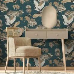RASCH Green Kyoto Crane Wallpaper Textured Oriental Japanese Birds Floral Yellow -RASCH Store 61739112 2
