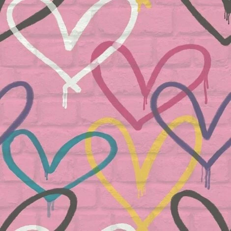 Rasch Graffiti Hearts Pink Brick Wall Effect Design Paste The Paper Wallpaper Rasch Graffiti Hearts Pink Brick Wall Effect Design Paste The Paper Wallpaper -RASCH Store 68156446 1