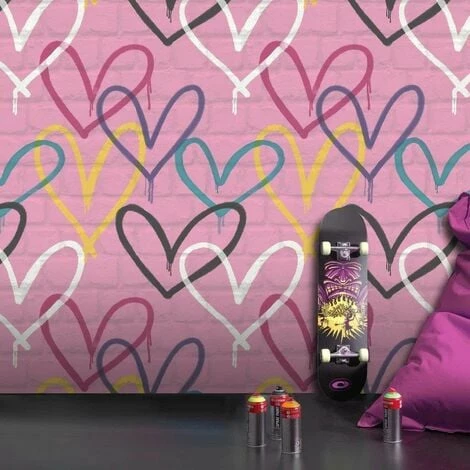 Rasch Graffiti Hearts Pink Brick Wall Effect Design Paste The Paper Wallpaper Rasch Graffiti Hearts Pink Brick Wall Effect Design Paste The Paper Wallpaper -RASCH Store 68156446 2