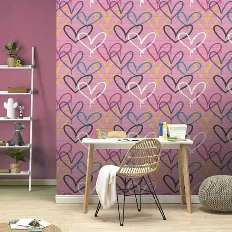 Rasch Graffiti Hearts Pink Brick Wall Effect Design Paste The Paper Wallpaper Rasch Graffiti Hearts Pink Brick Wall Effect Design Paste The Paper Wallpaper -RASCH Store 68156446 3