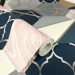 Rasch Patchwork Wallpaper (10m X 53cm) (Navy/Pink/Grey) -RASCH Store 70357930 2