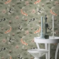 Rasch Kimono Koi Wallpaper (One Size) (Green)