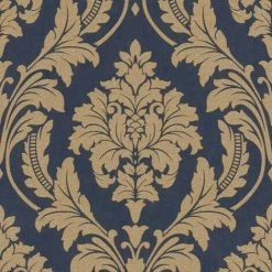 Rasch Glam Shimmering Damask Textured Wallpaper (10m X 53cm) (Navy/Antique Gold)