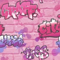 RASCH Girls Pink Graffiti Wallpaper Glitter Spray Paint Embossed Childrens Room Urban